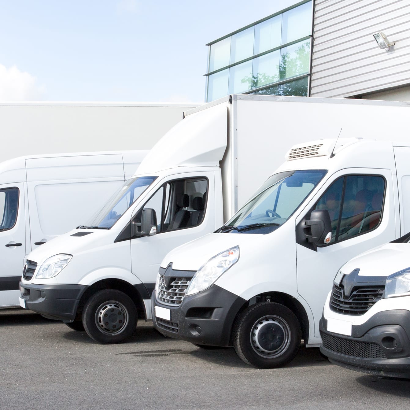 Several cars vans trucks parked in parking lot for rent or delivery