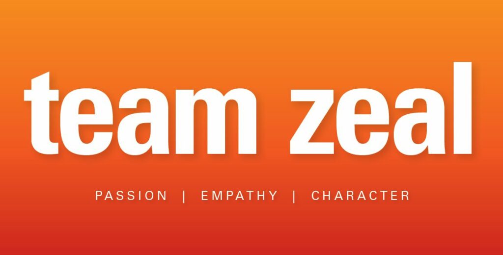 White text on orange background reads "Team Zeal"