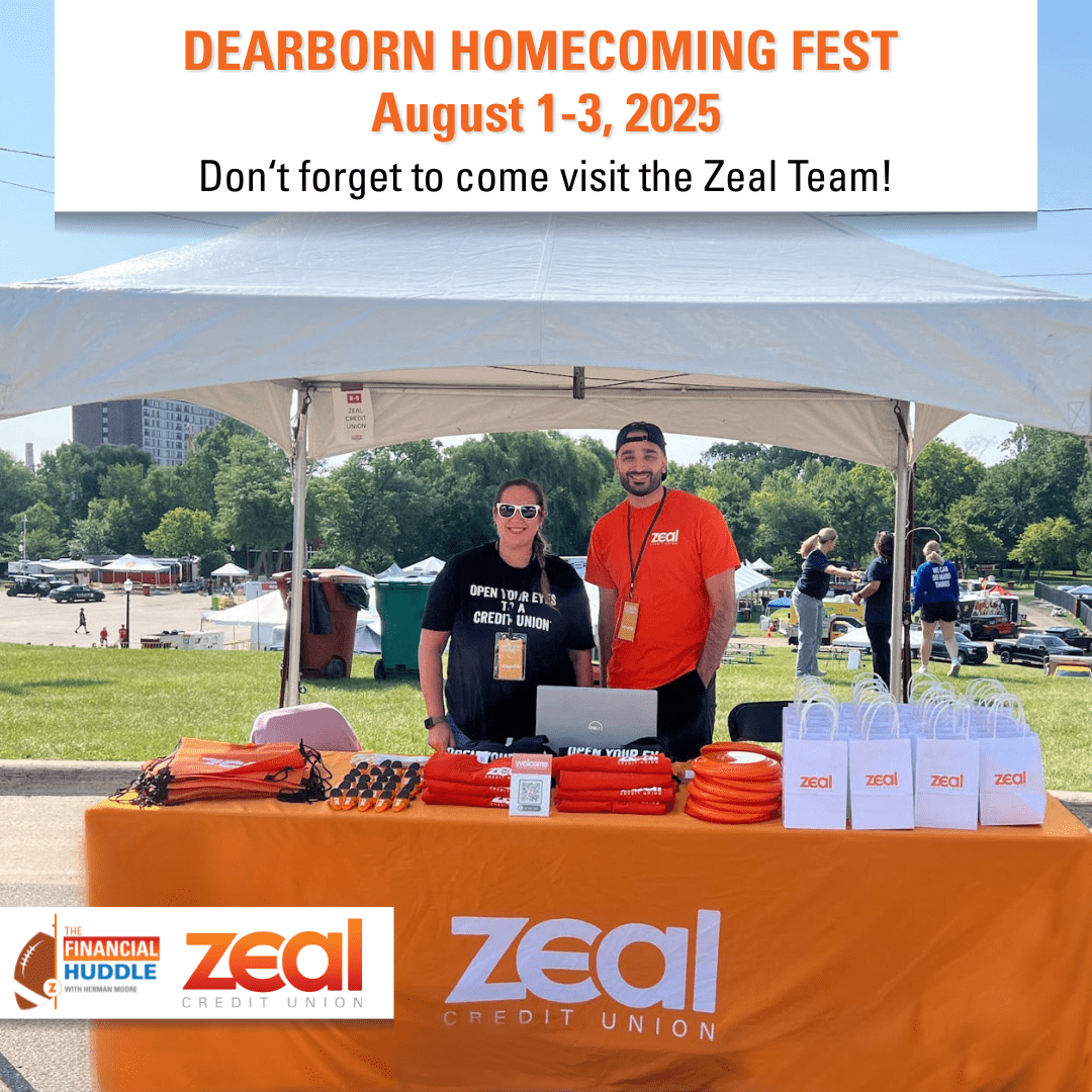 Dearborn Homecoming Festival, August 1-3, 2025. Dearborn Branch team and Zeal CU swag photographed.
