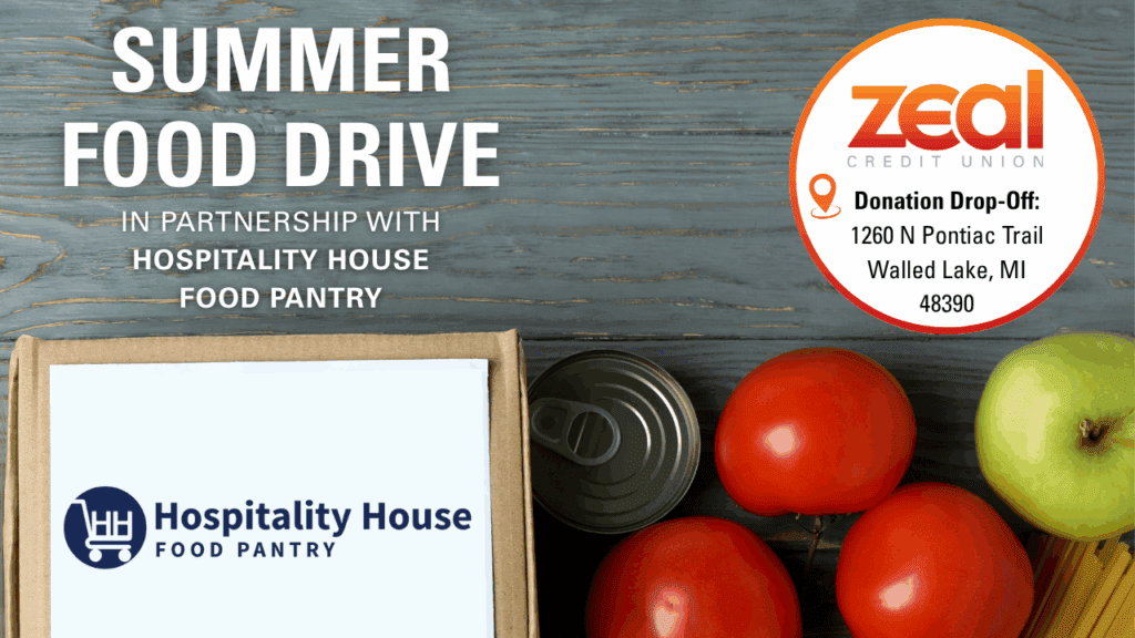 Summer Food Drive in partnership with Hospitality House Food Pantry. Donation drop off at 1260 N Pontiac Trail in Walled Lake, MI